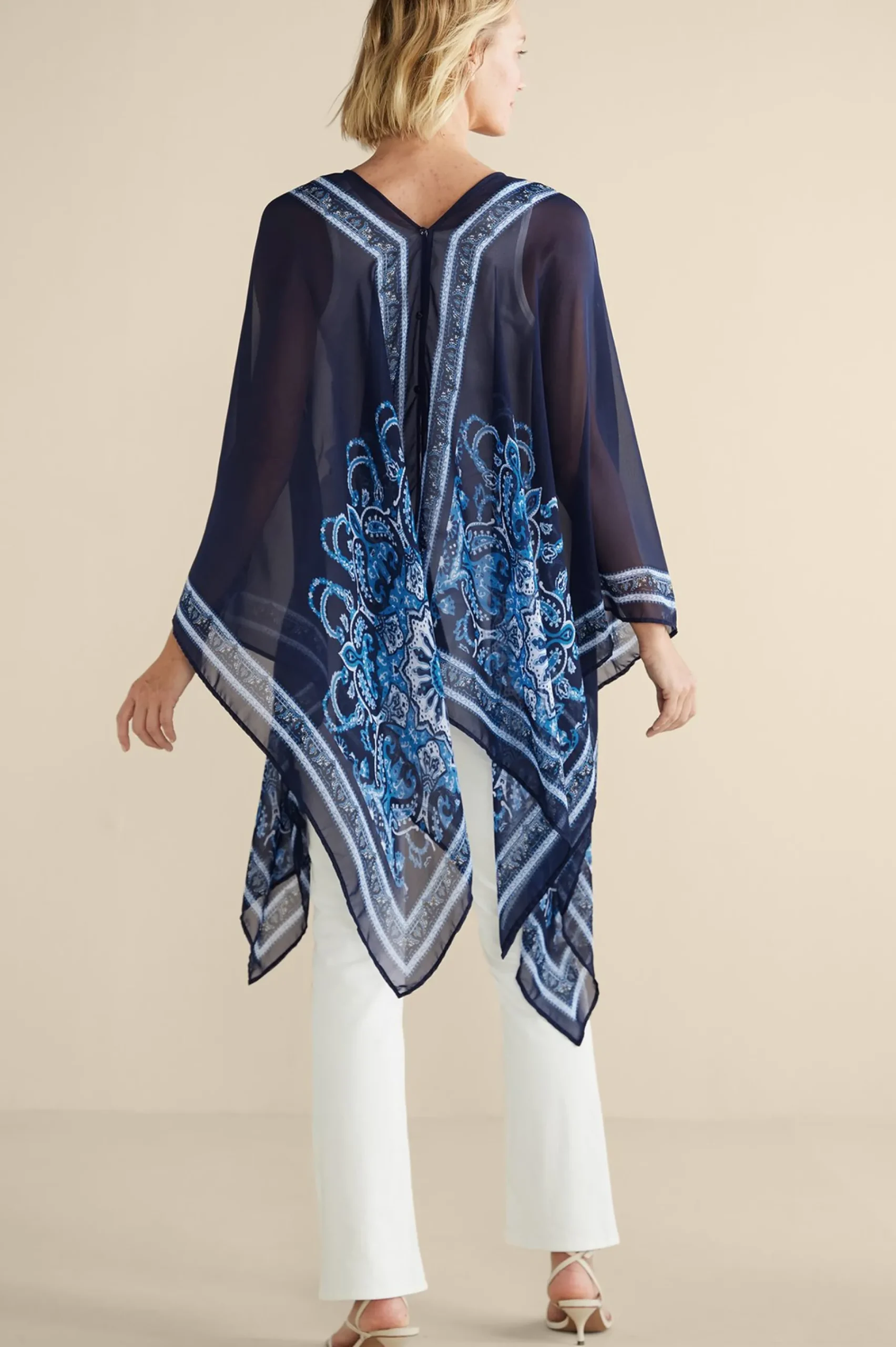 aleta_poncho_topper_2.webp Into The Blues | Vacation Shop-Soft Surroundings Aleta Poncho Topper Blue Multi
