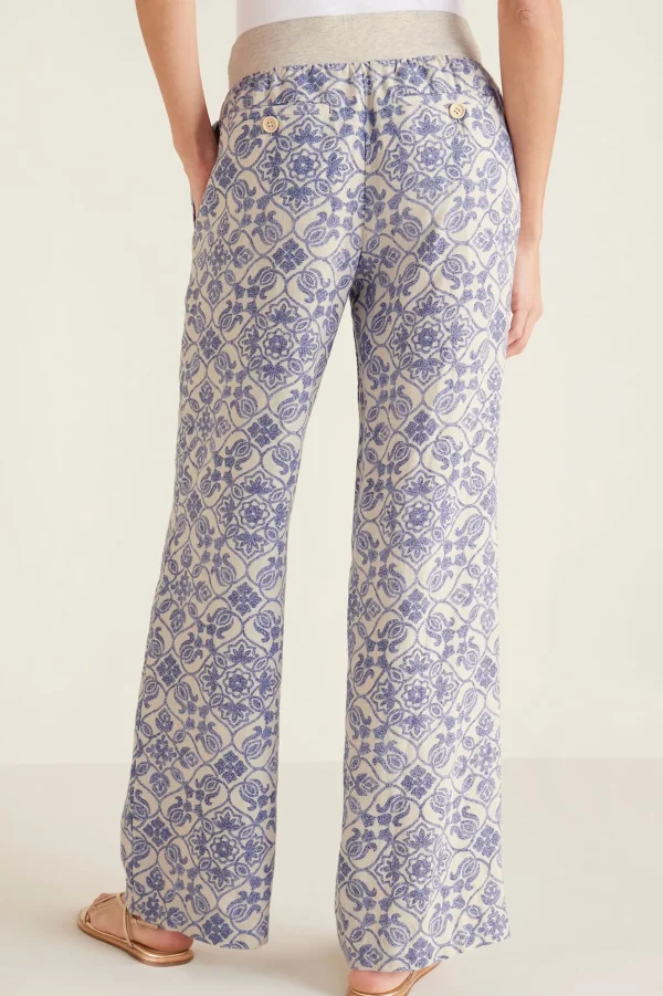 full length | wide leg-Soft Surroundings Aliso Point Linen Pants Blue Tile Print