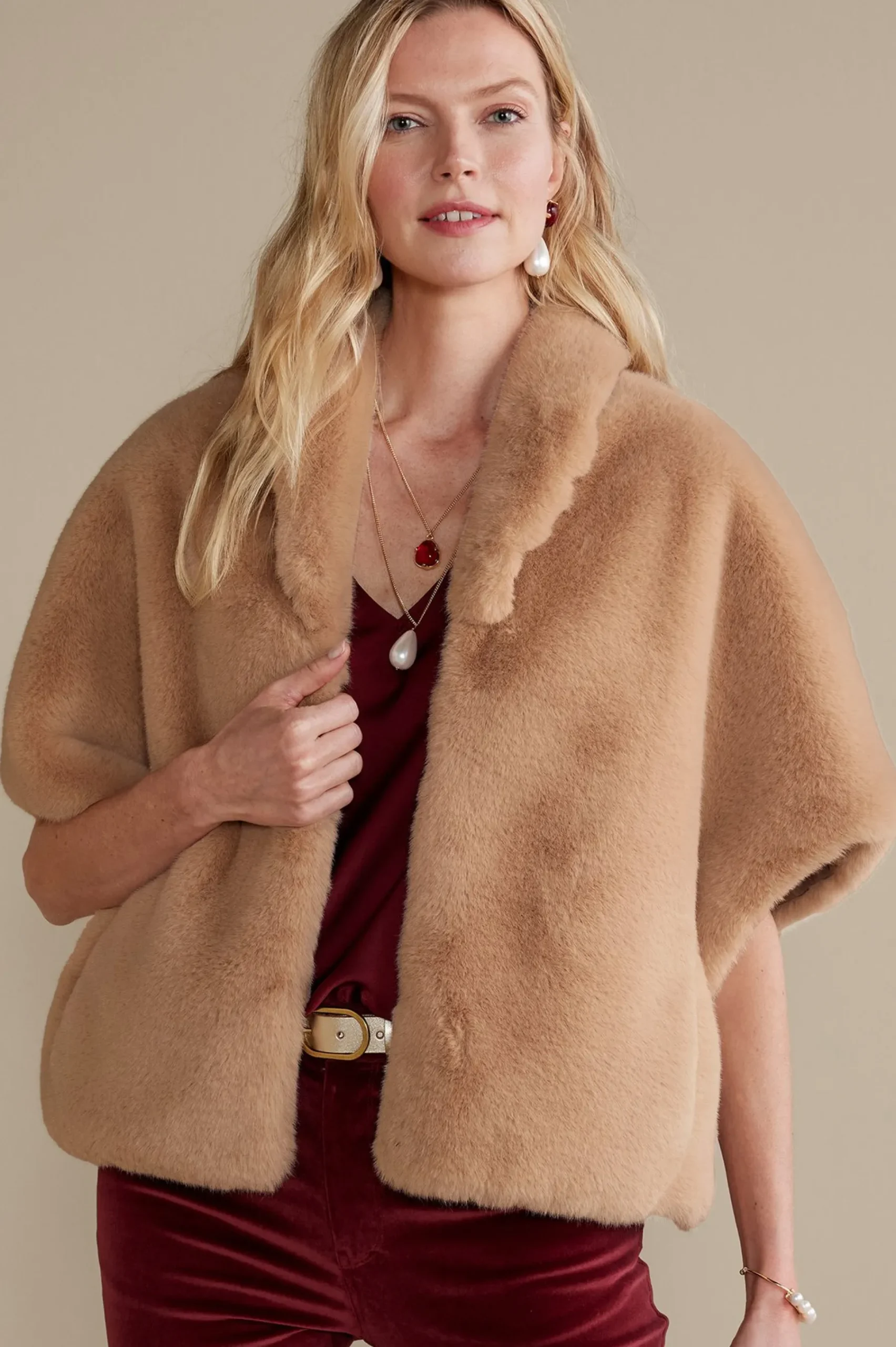 anastasia_faux_fur_capele_4.webp Scarves & Wraps-Soft Surroundings Anastasia Faux Fur Capelet Camel