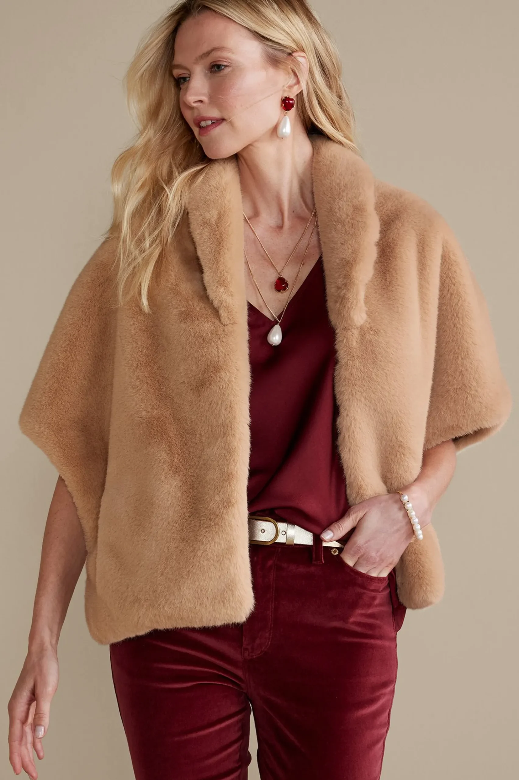 anastasia_faux_fur_capele_5.webp Scarves & Wraps-Soft Surroundings Anastasia Faux Fur Capelet Camel