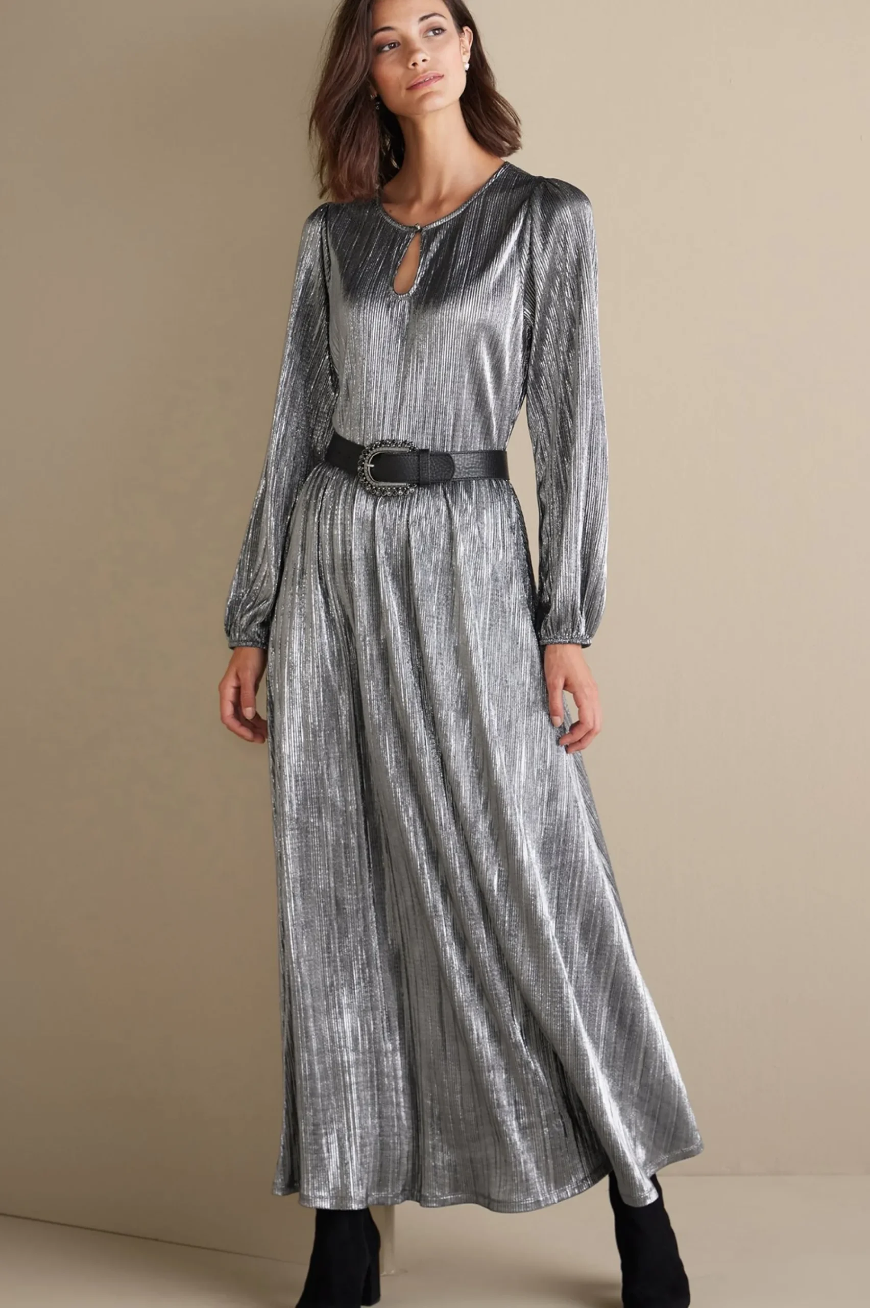 annabelle_pleated_dress_0.webp occasion dresses | solids-Soft Surroundings Annabelle Pleated Dress Silver