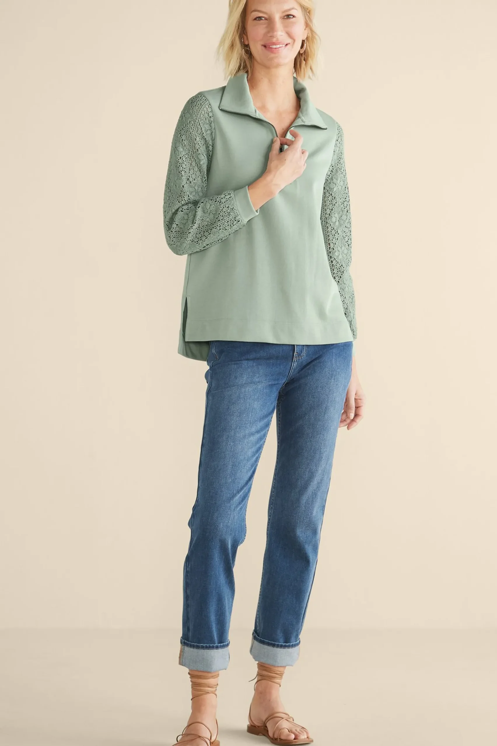 crochet_sleeve_french_ter_1.webp Feminine Flourish | Wear Now Styles-Soft Surroundings Crochet Sleeve French Terry Tunic Navy