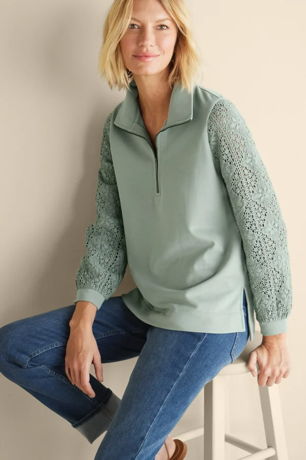 Feminine Flourish | Wear Now Styles-Soft Surroundings Crochet Sleeve French Terry Tunic Navy