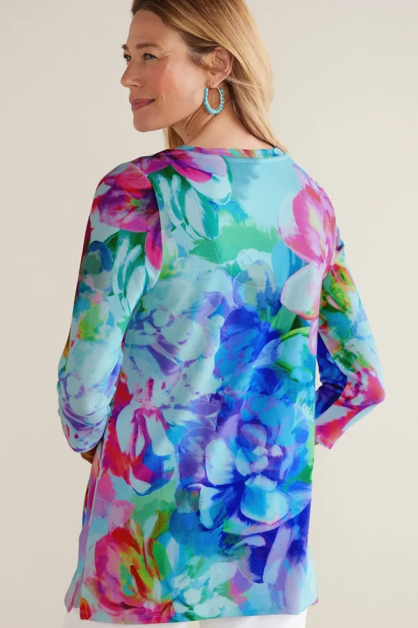 three quarter length | pullovers-Soft Surroundings Darcy Tunic Pink Spring Floral