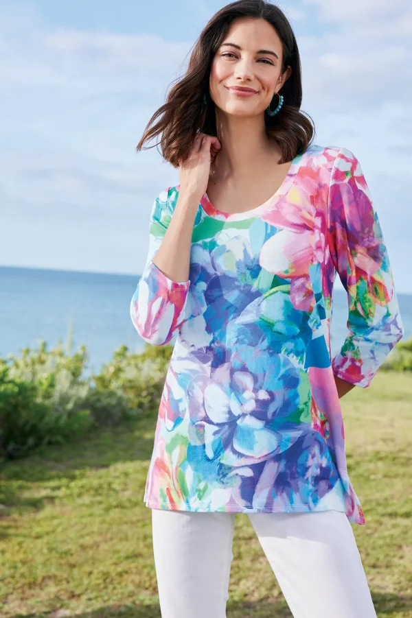 three quarter length | pullovers-Soft Surroundings Darcy Tunic Pink Spring Floral