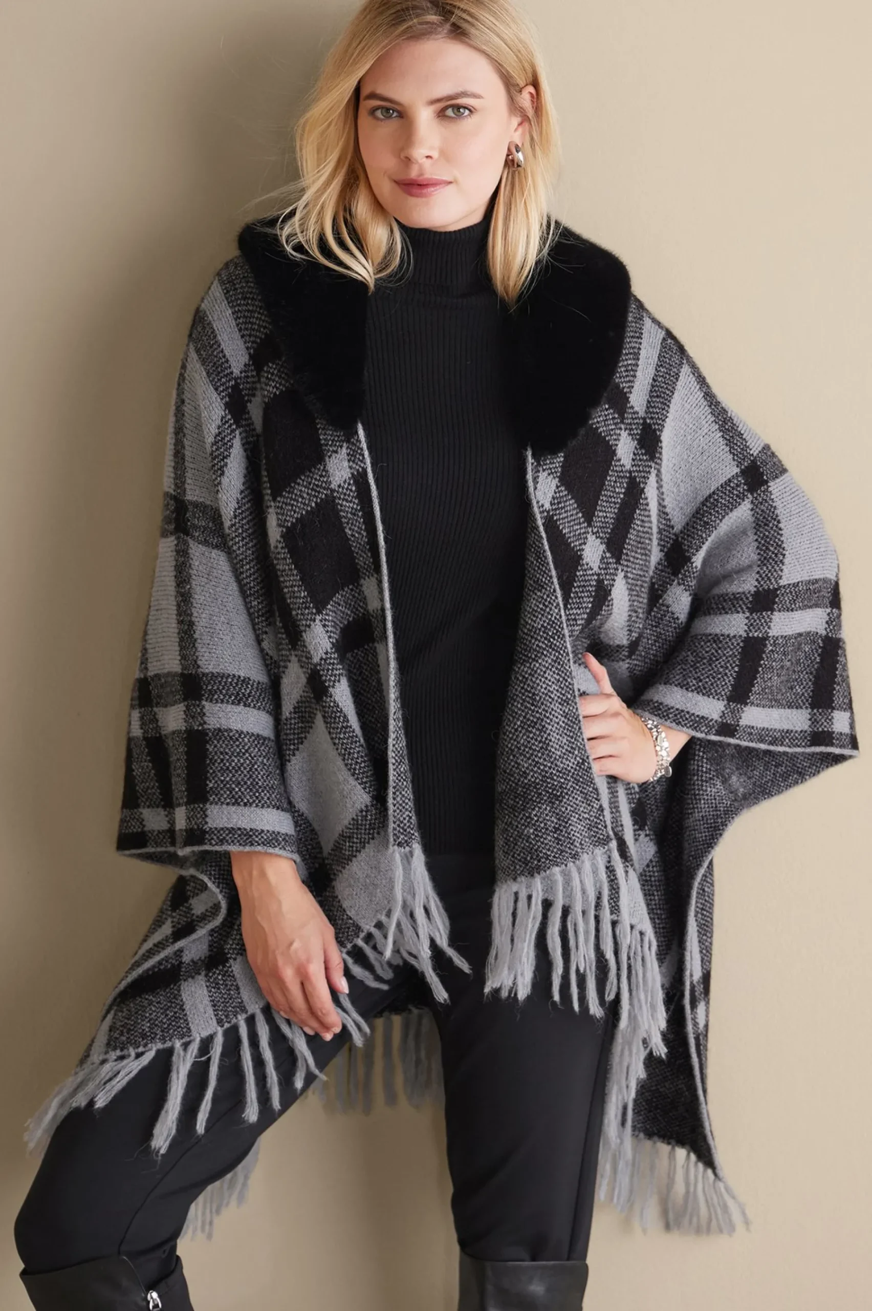 demetria_plaid_poncho_wit_0.webp Scarves & Wraps-Soft Surroundings Demetria Plaid Poncho with Fur Collar Black/Dark Grey