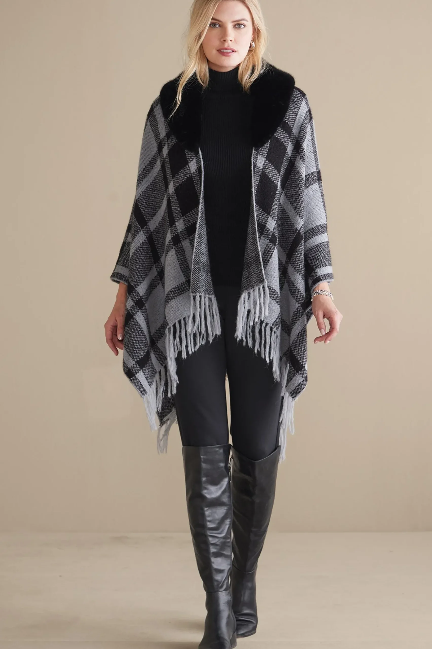 demetria_plaid_poncho_wit_1.webp Scarves & Wraps-Soft Surroundings Demetria Plaid Poncho with Fur Collar Black/Dark Grey