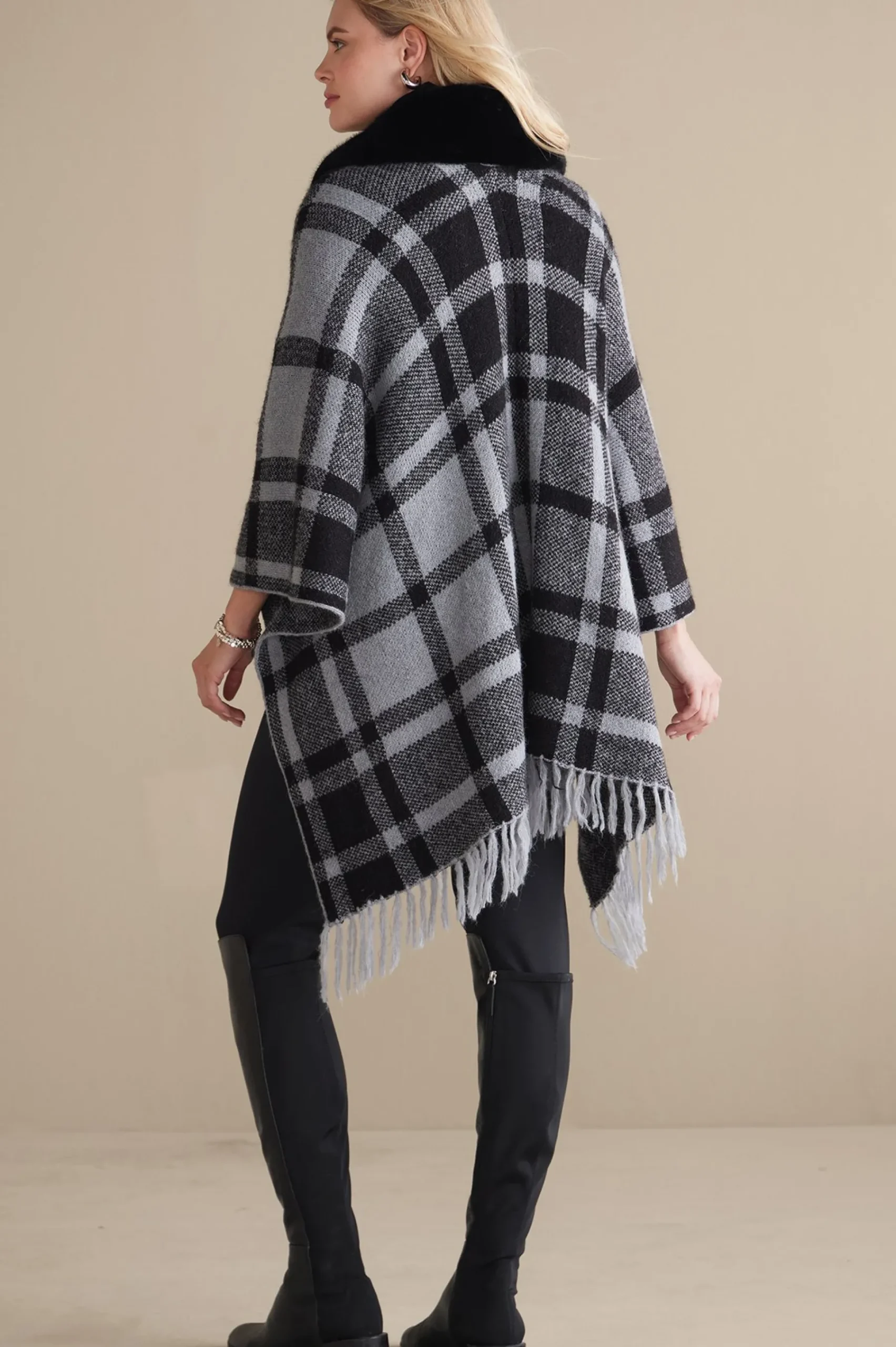 demetria_plaid_poncho_wit_2.webp Scarves & Wraps-Soft Surroundings Demetria Plaid Poncho with Fur Collar Black/Dark Grey