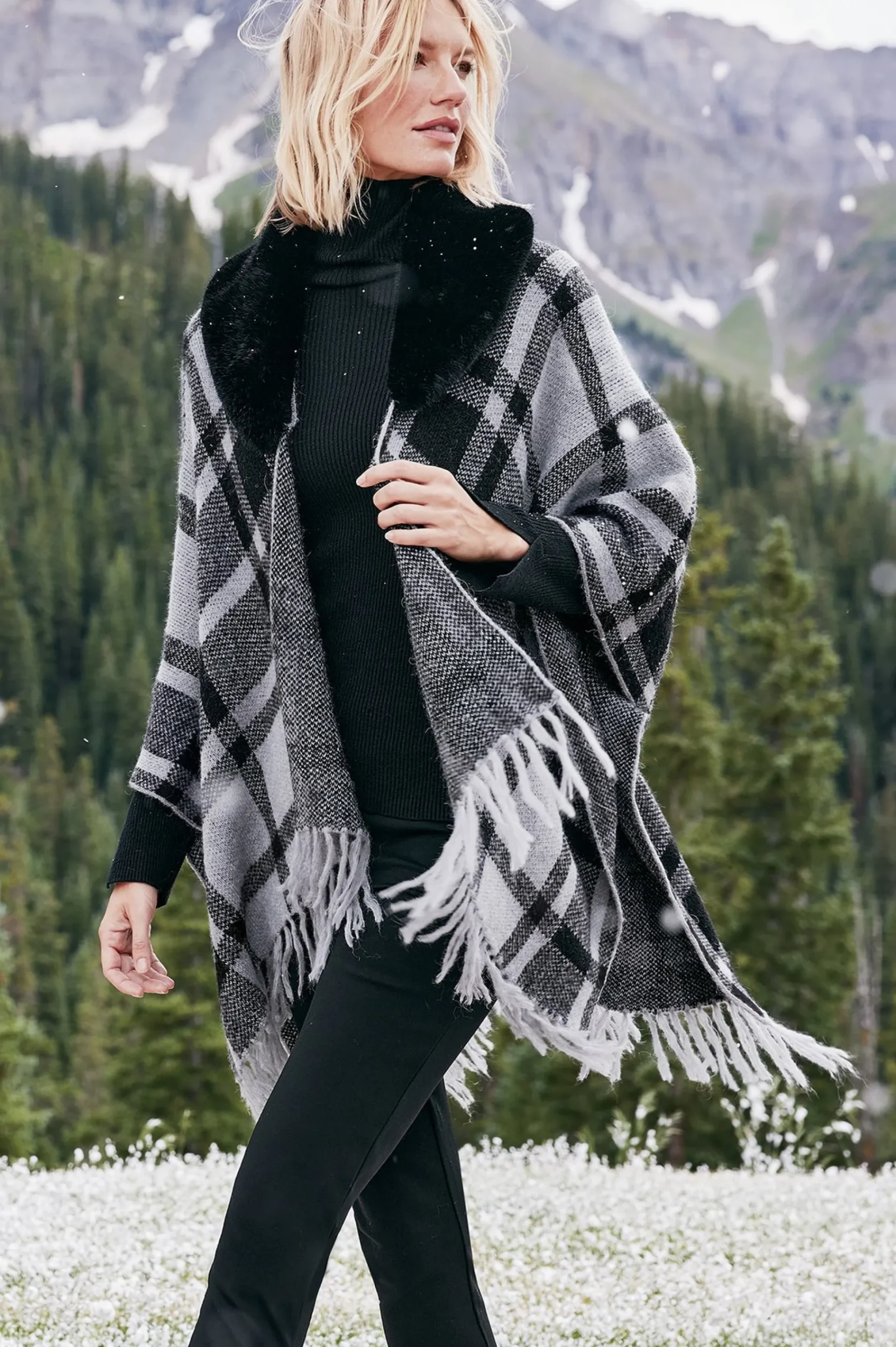 demetria_plaid_poncho_wit_3.webp Scarves & Wraps-Soft Surroundings Demetria Plaid Poncho with Fur Collar Black/Dark Grey