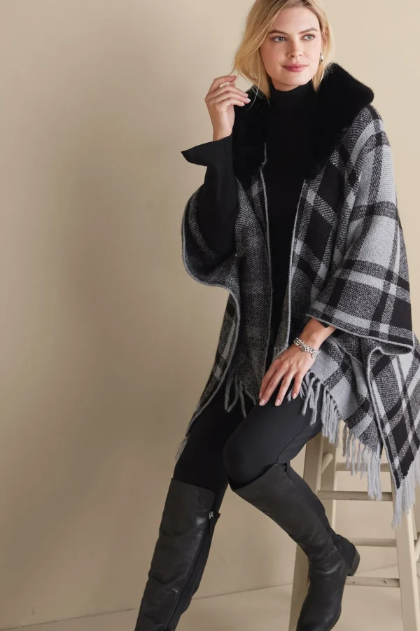 Scarves & Wraps-Soft Surroundings Demetria Plaid Poncho with Fur Collar Black/Dark Grey