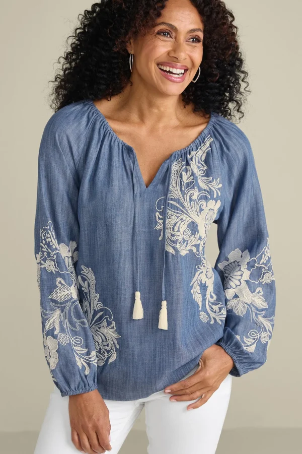 Feminine Flourish | Into The Blues-Soft Surroundings Diya Embroidered TENCEL™ Peasant Top Light Chambray