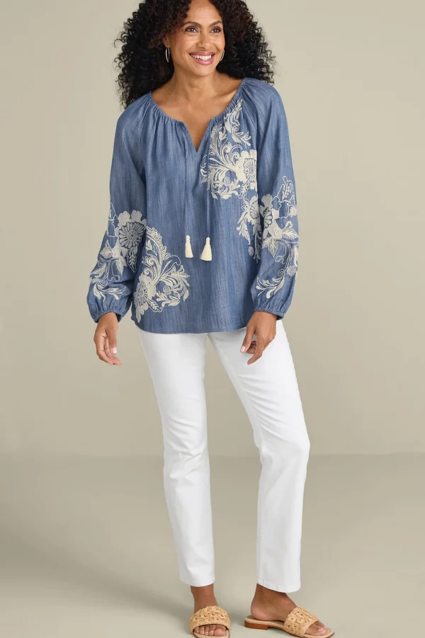 Feminine Flourish | Into The Blues-Soft Surroundings Diya Embroidered TENCEL™ Peasant Top Light Chambray