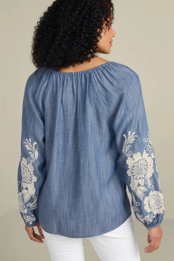 Feminine Flourish | Into The Blues-Soft Surroundings Diya Embroidered TENCEL™ Peasant Top Light Chambray