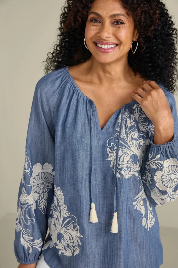Feminine Flourish | Into The Blues-Soft Surroundings Diya Embroidered TENCEL™ Peasant Top Light Chambray