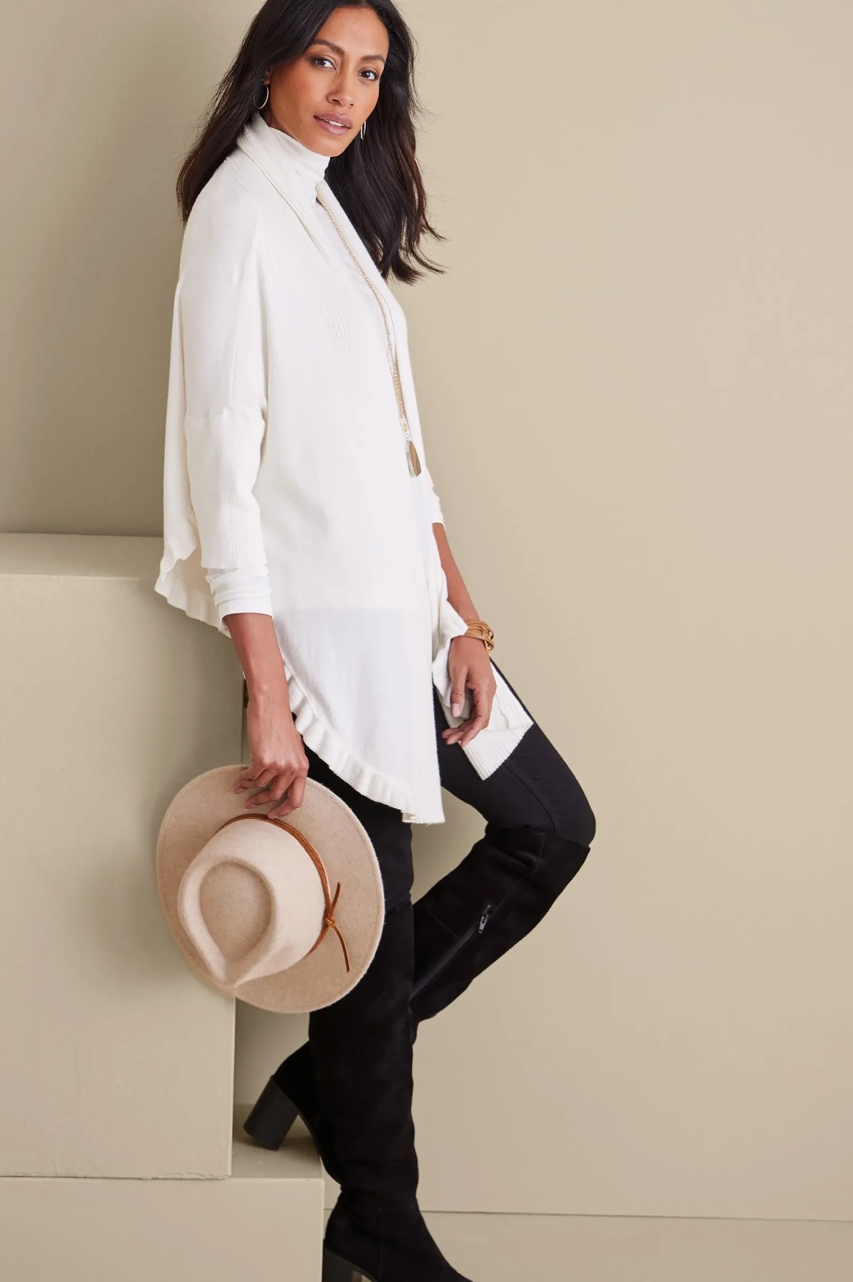draped_ruffle_cardigan_3.webp Scarves & Wraps | Feminine Flourish-Soft Surroundings Draped Ruffle Cardigan Noire