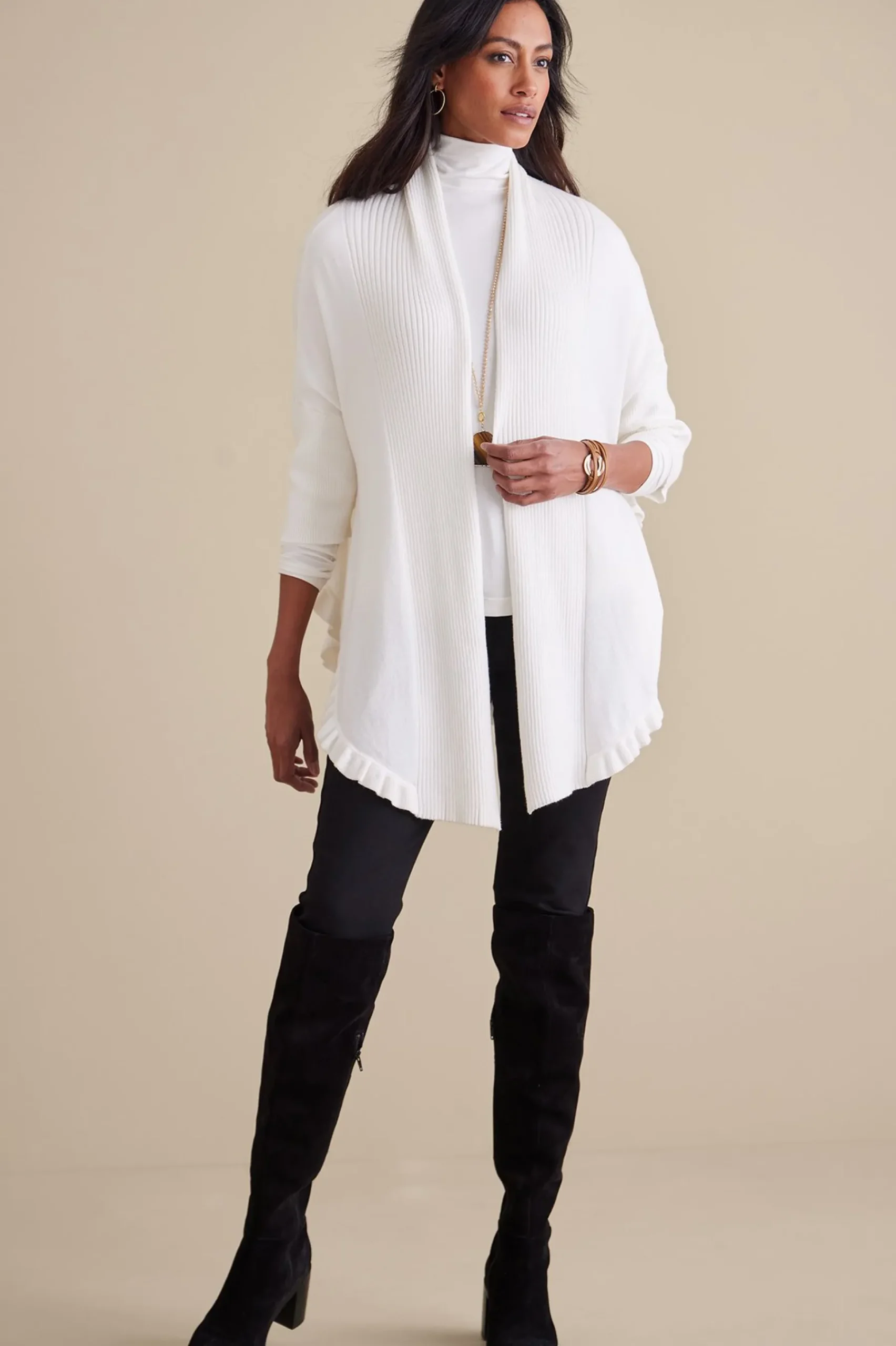 draped_ruffle_cardigan_5.webp Scarves & Wraps | Feminine Flourish-Soft Surroundings Draped Ruffle Cardigan Noire