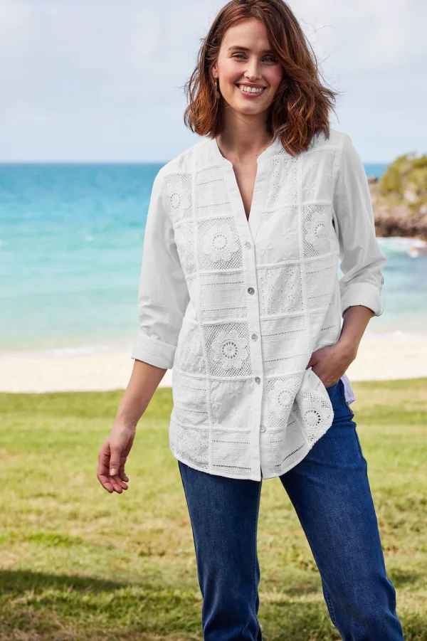long sleeve | shirts-Soft Surroundings Eleanor Crochet Shirt White