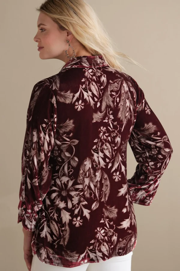 EVelvet Styles | elbow length-Soft Surroundings Icon Silk Velvet Poets Shirt Red Floral