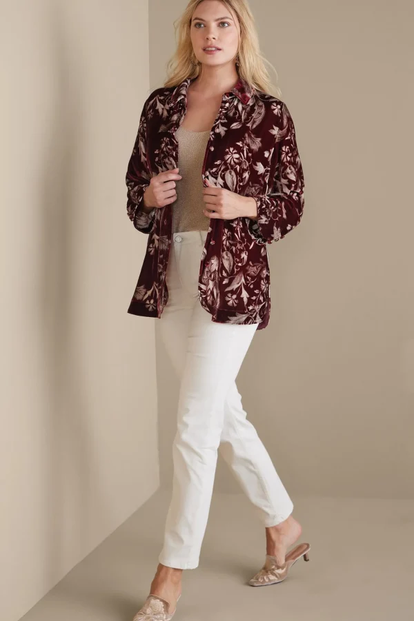 EVelvet Styles | elbow length-Soft Surroundings Icon Silk Velvet Poets Shirt Red Floral