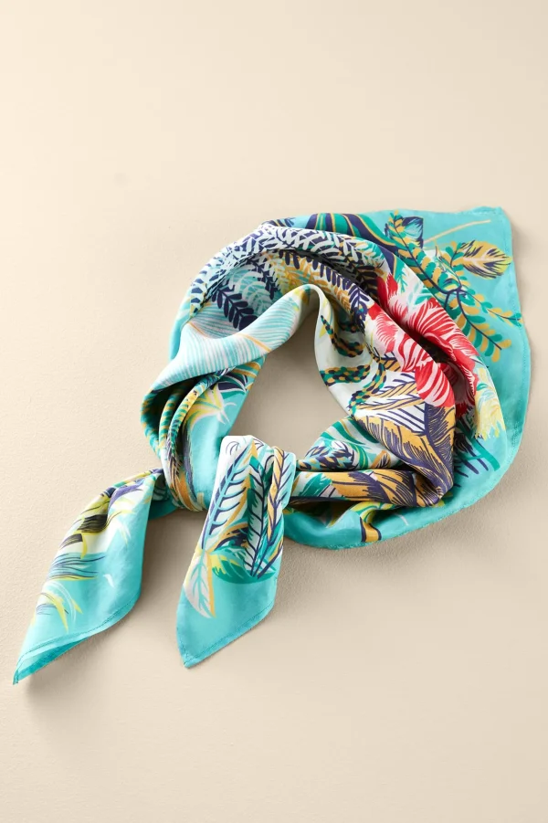 Scarves & Wraps-Soft Surroundings Jungle Leaves Silk Scarf Aqua Multi
