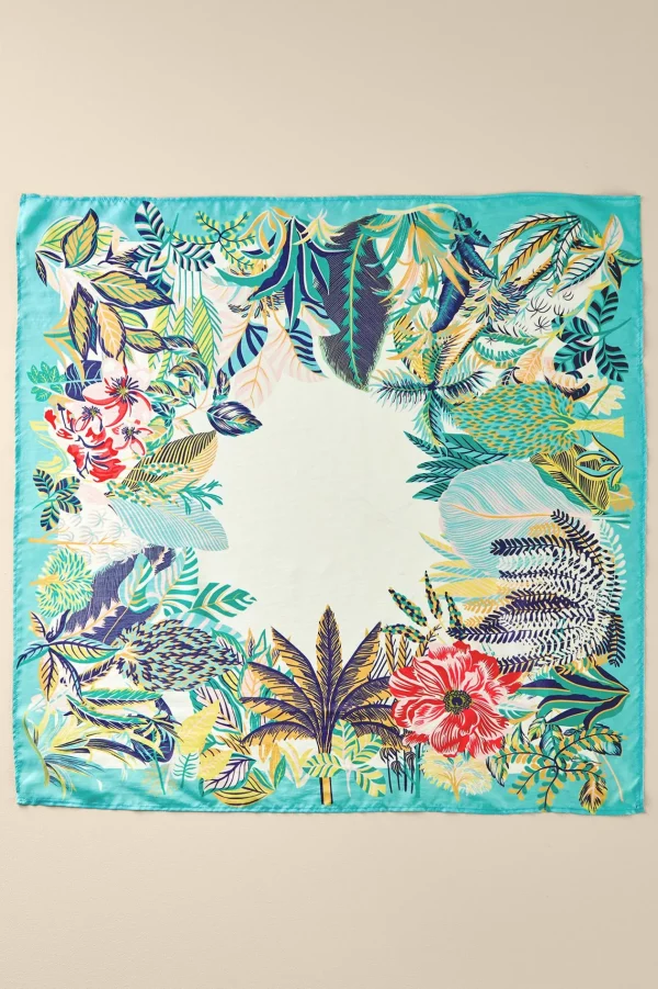 Scarves & Wraps-Soft Surroundings Jungle Leaves Silk Scarf Aqua Multi