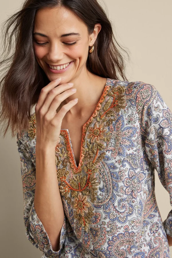 Global Artistry | long sleeve-Soft Surroundings Kaimana Embellished Tunic Spring Paisley