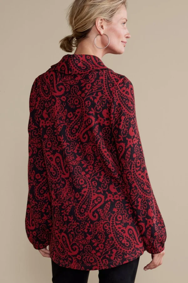 Everyday Styles | long sleeve-Soft Surroundings Kendra Waffle Top Red/Black Paisley