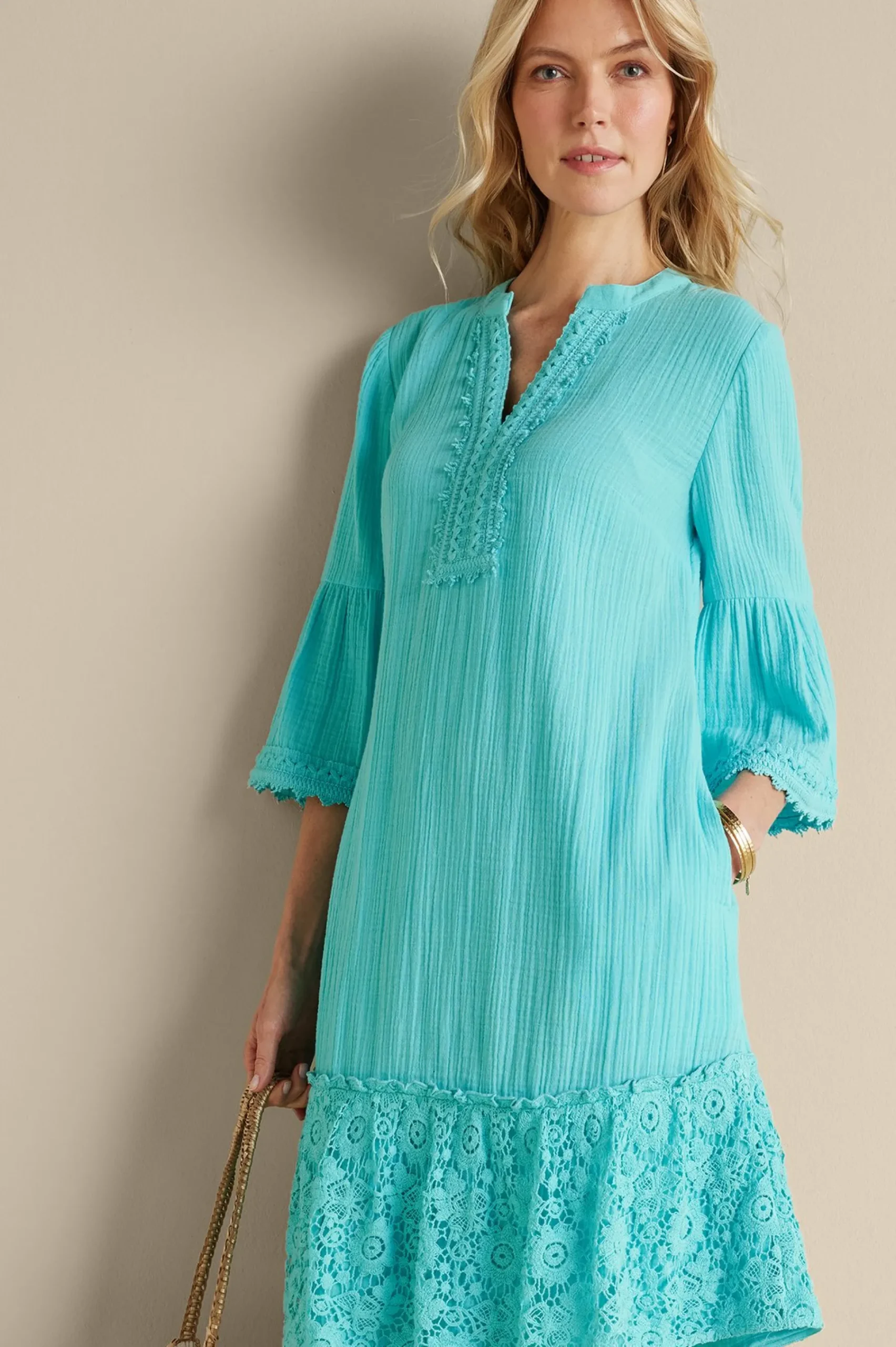 kiona_gauze_short_dress_1.webp Into The Blues | Vacation Shop-Soft Surroundings Kiona Gauze Short Dress Hawaiian Aqua