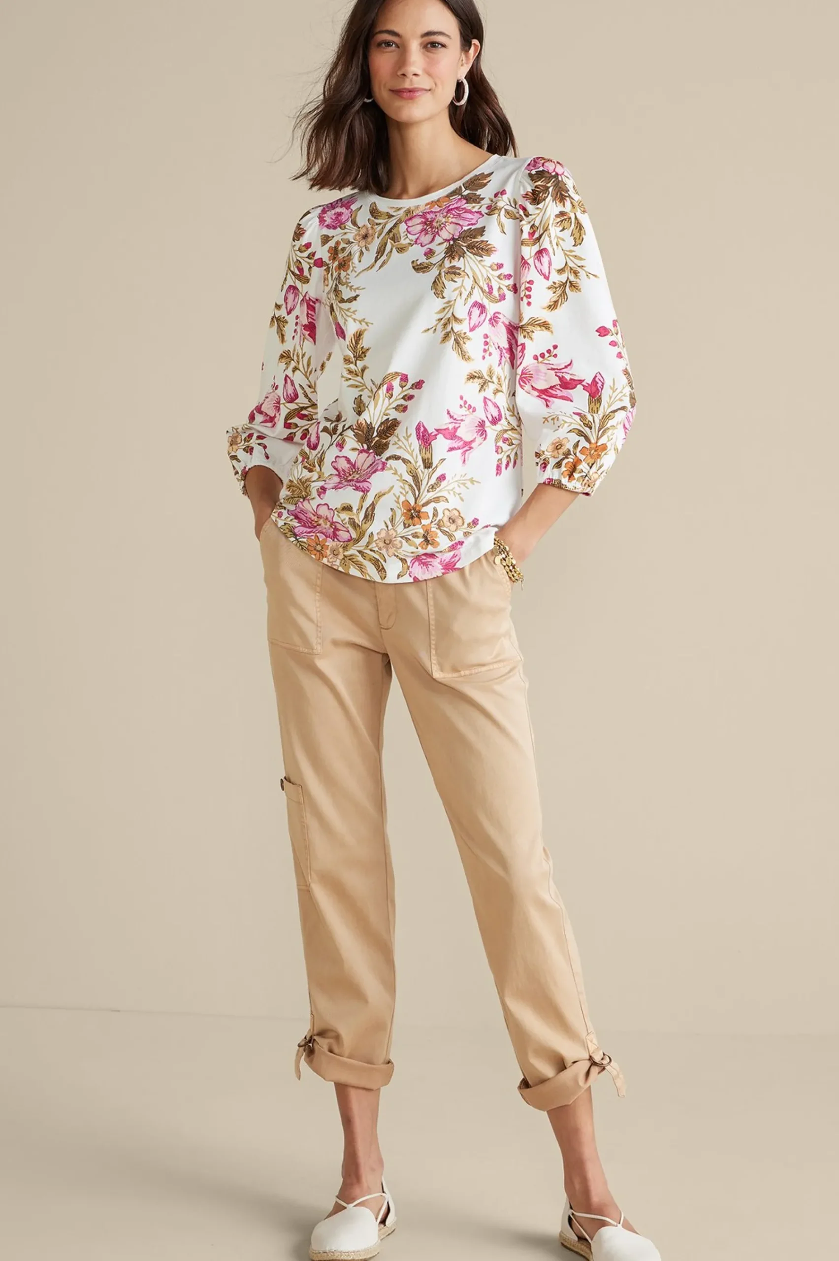 lesley_printed_top_1.webp Feminine Flourish | three quarter length-Soft Surroundings Lesley Printed Top Painterly Peony Flowers