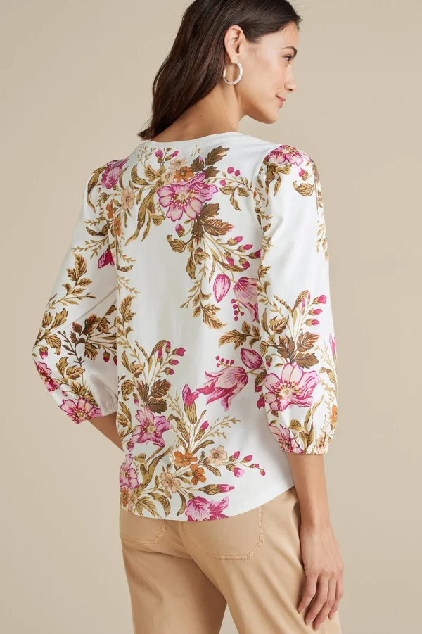 Feminine Flourish | three quarter length-Soft Surroundings Lesley Printed Top Painterly Peony Flowers