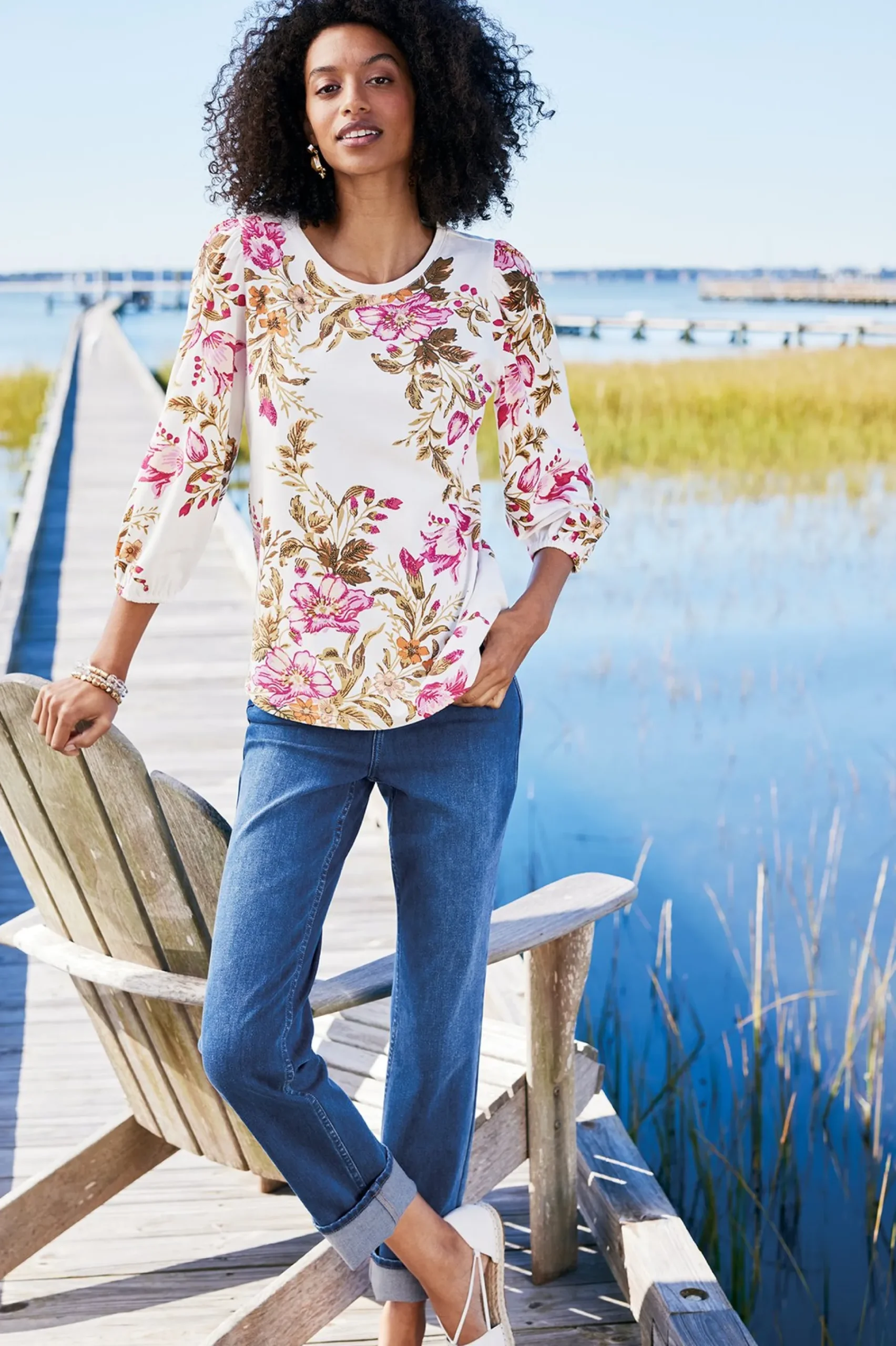 lesley_printed_top_3.webp Feminine Flourish | three quarter length-Soft Surroundings Lesley Printed Top Painterly Peony Flowers