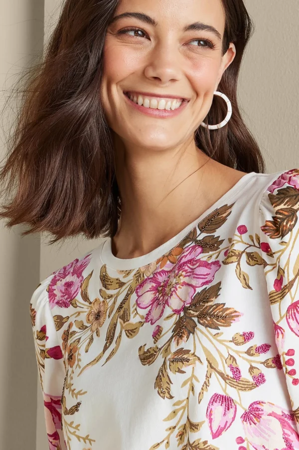 Feminine Flourish | three quarter length-Soft Surroundings Lesley Printed Top Painterly Peony Flowers