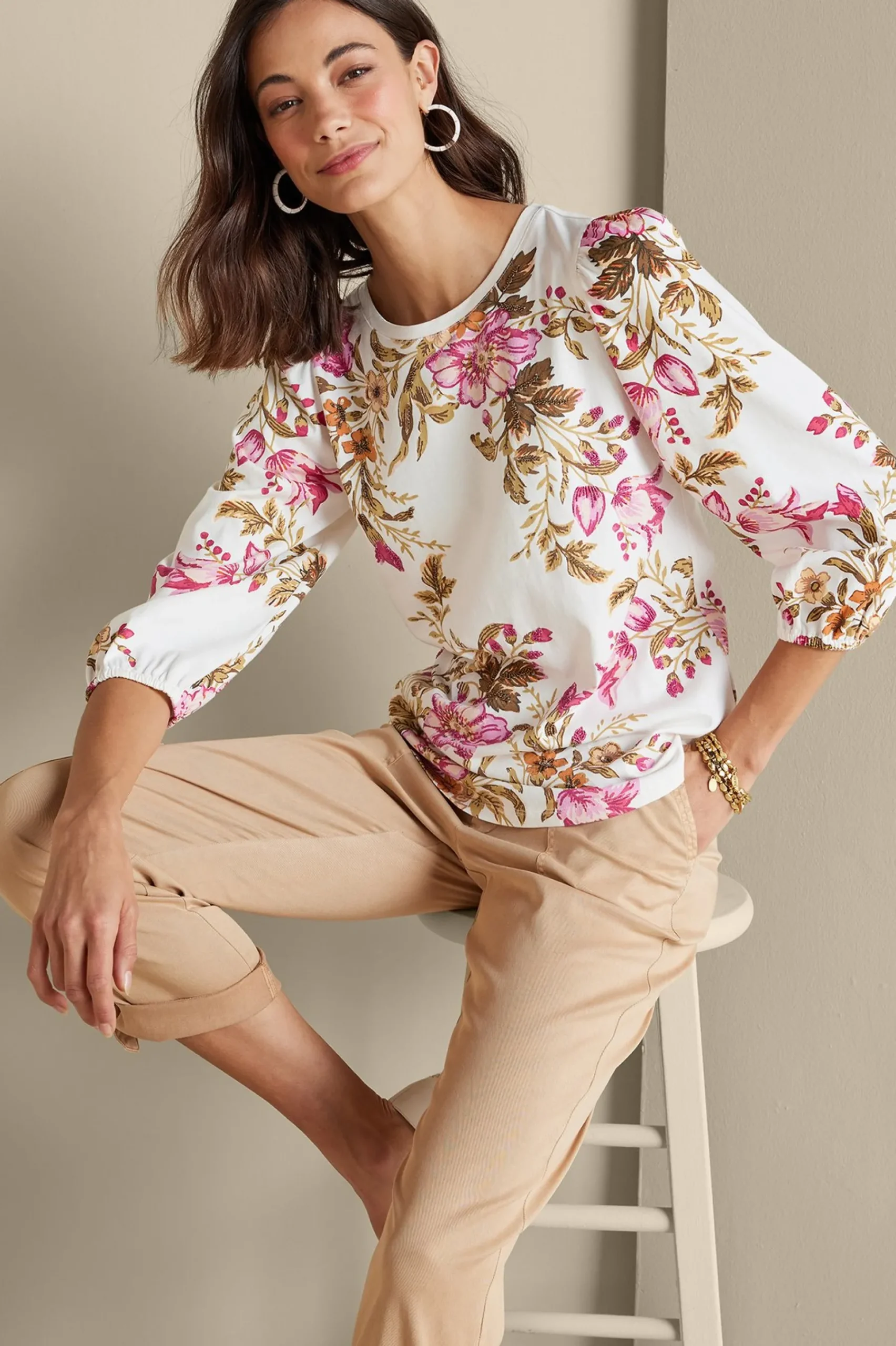 lesley_printed_top_5.webp Feminine Flourish | three quarter length-Soft Surroundings Lesley Printed Top Painterly Peony Flowers