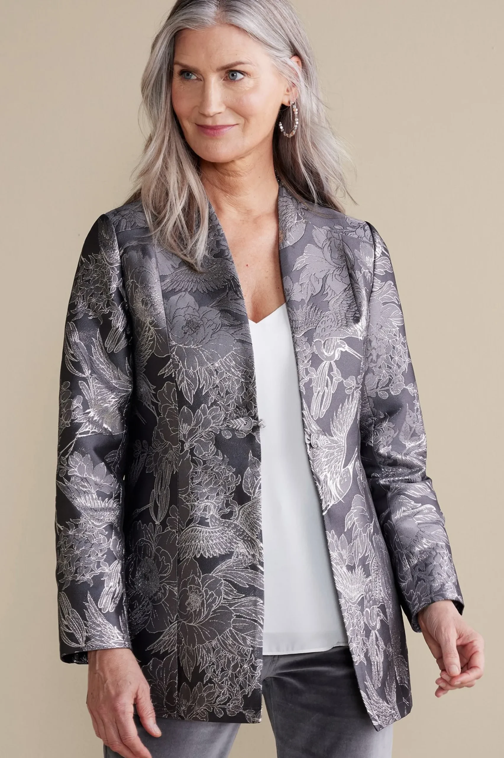 lismore_jacquard_jacket_0.webp Global Artistry | Jackets & Coats-Soft Surroundings Lismore Jacquard Jacket Gray Tapestry