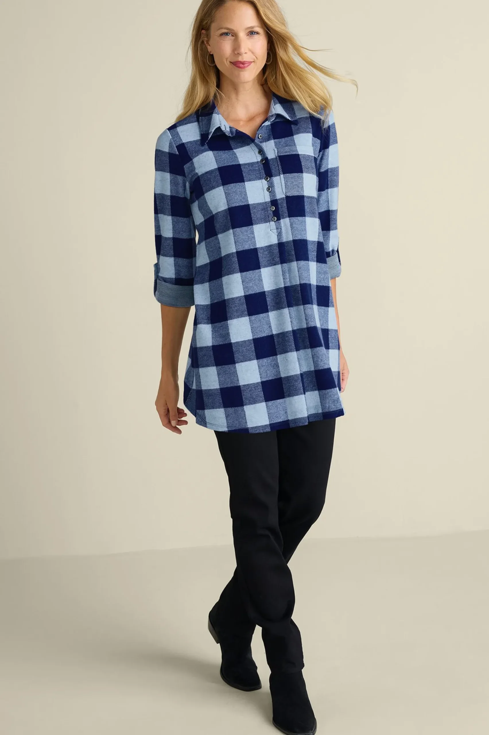 mad_about_plaid_tunic_i_1.webp Everyday Styles | long sleeve-Soft Surroundings Mad About Plaid Tunic I Charcoal