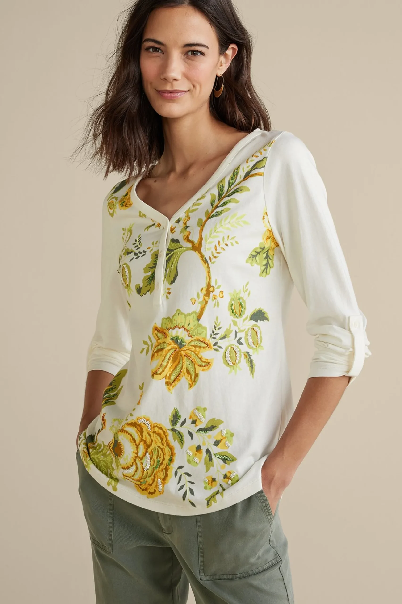 maja_printed_pullover_0.webp Wear Now Styles | long sleeve-Soft Surroundings Maja Printed Pullover Green Florals