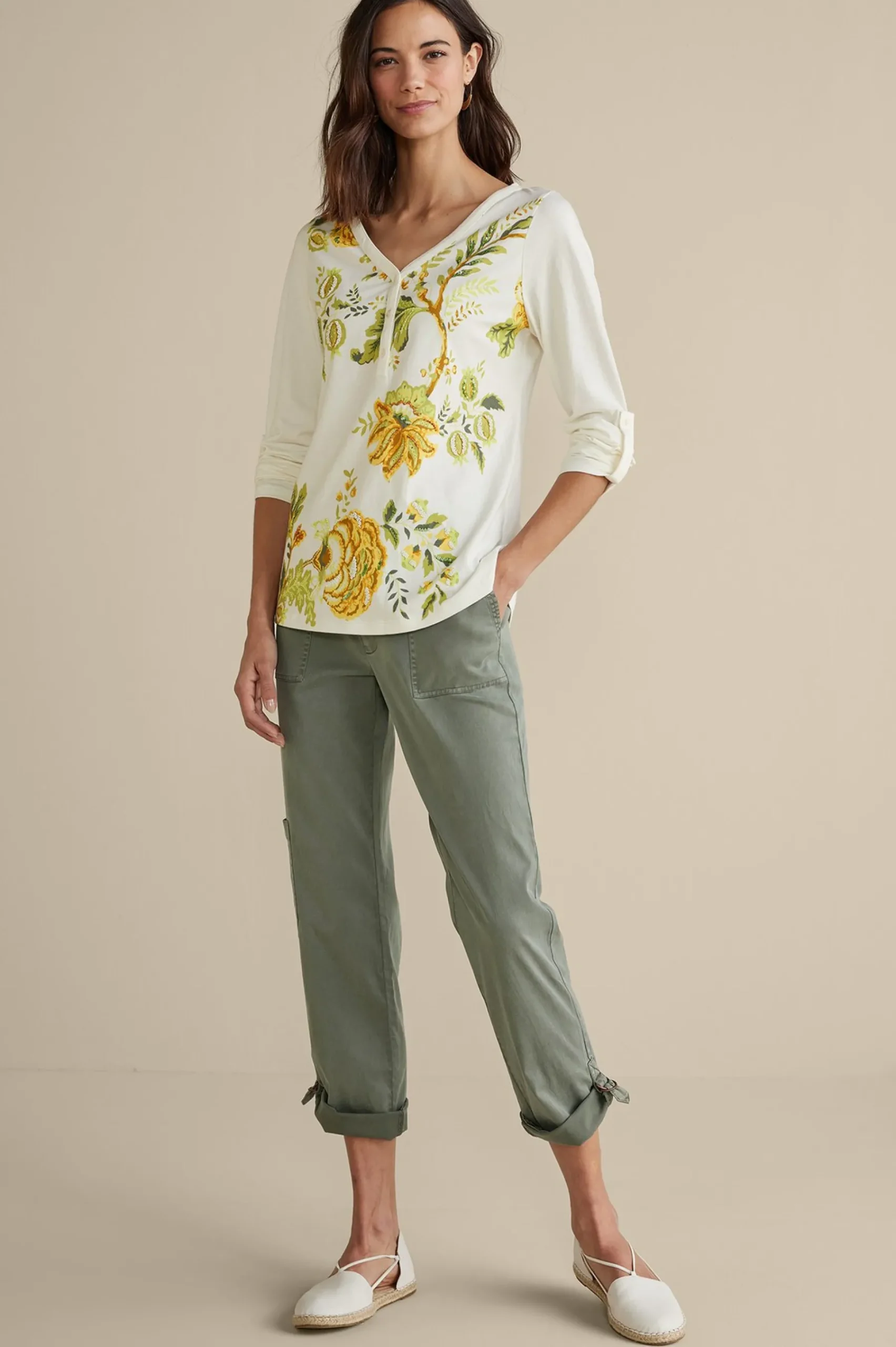 maja_printed_pullover_1.webp Wear Now Styles | long sleeve-Soft Surroundings Maja Printed Pullover Green Florals