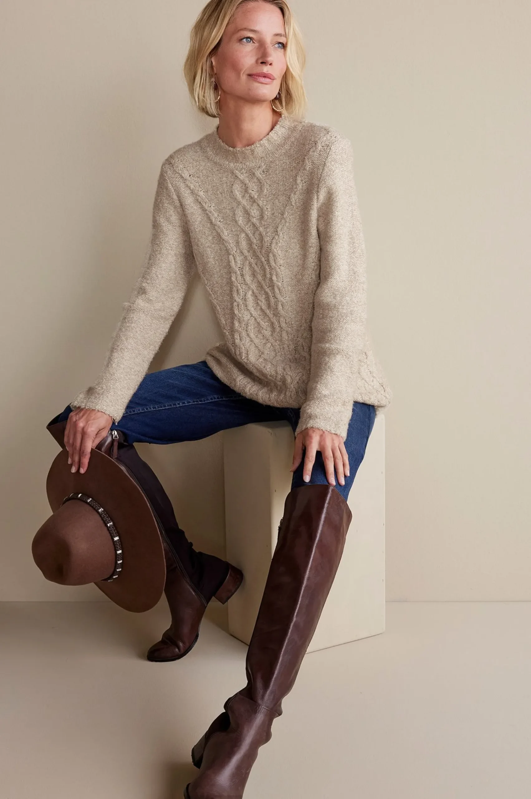 marianna_cable_sweater_1.webp Sweaters & Cardigans | long sleeve-Soft Surroundings Marianna Cable Sweater Heather Taupe