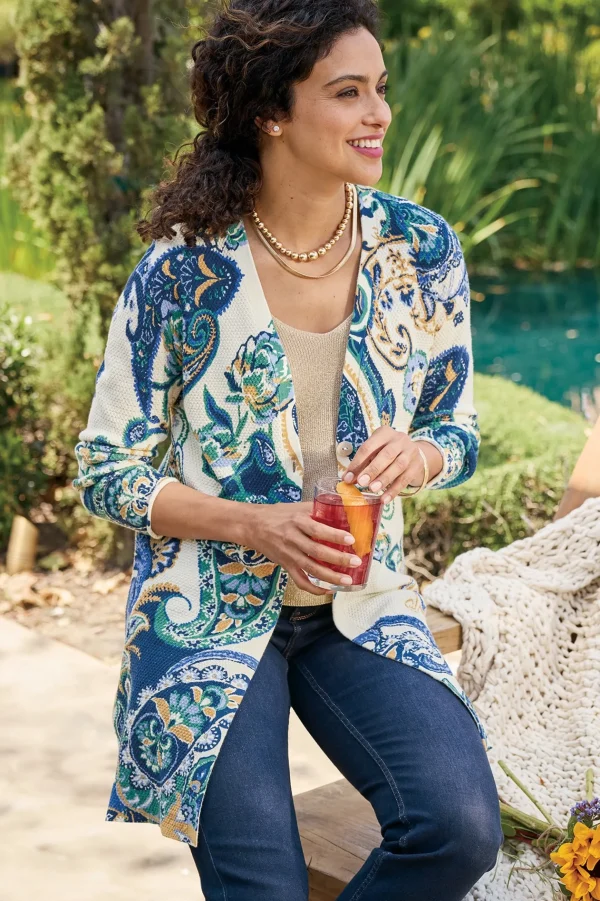 Vacation Shop | Sweaters & Cardigans-Soft Surroundings Marin Cardigan Chambray Paisley