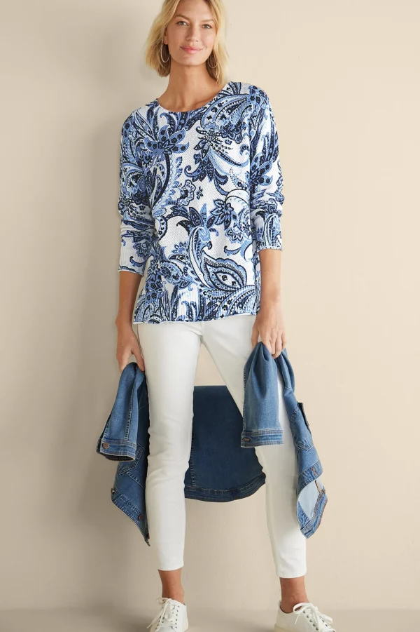 Feminine Flourish | Into The Blues-Soft Surroundings Marin Sweater Navy Blue Floral Paisley