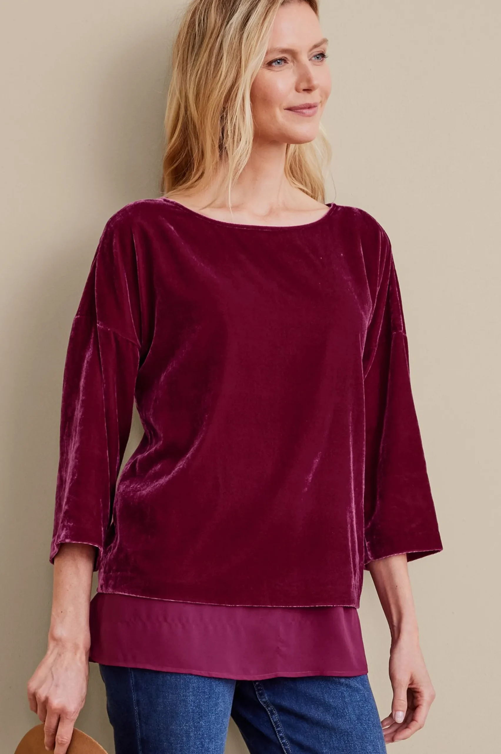 millie_velvet_tunic_0.webp EVelvet Styles | three quarter length-Soft Surroundings Millie Velvet Tunic Dark Fuchsia