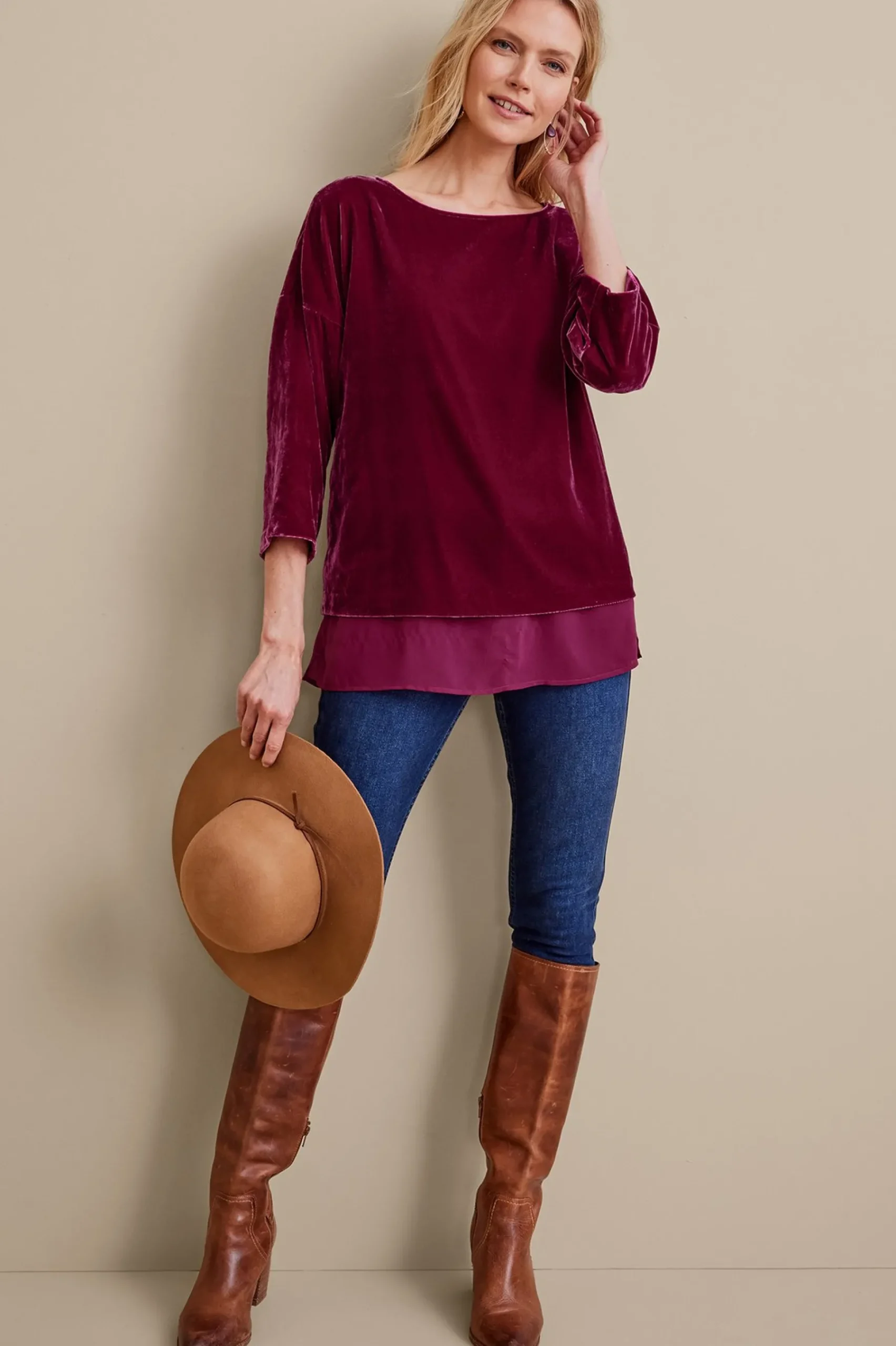 millie_velvet_tunic_5.webp EVelvet Styles | three quarter length-Soft Surroundings Millie Velvet Tunic Dark Fuchsia