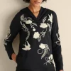 Wear Now Styles | long sleeve-Soft Surroundings Miraflores Embroidered French Terry Hoodie Black