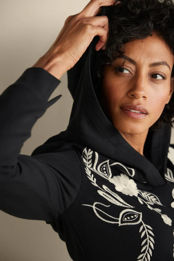 Wear Now Styles | long sleeve-Soft Surroundings Miraflores Embroidered French Terry Hoodie Black