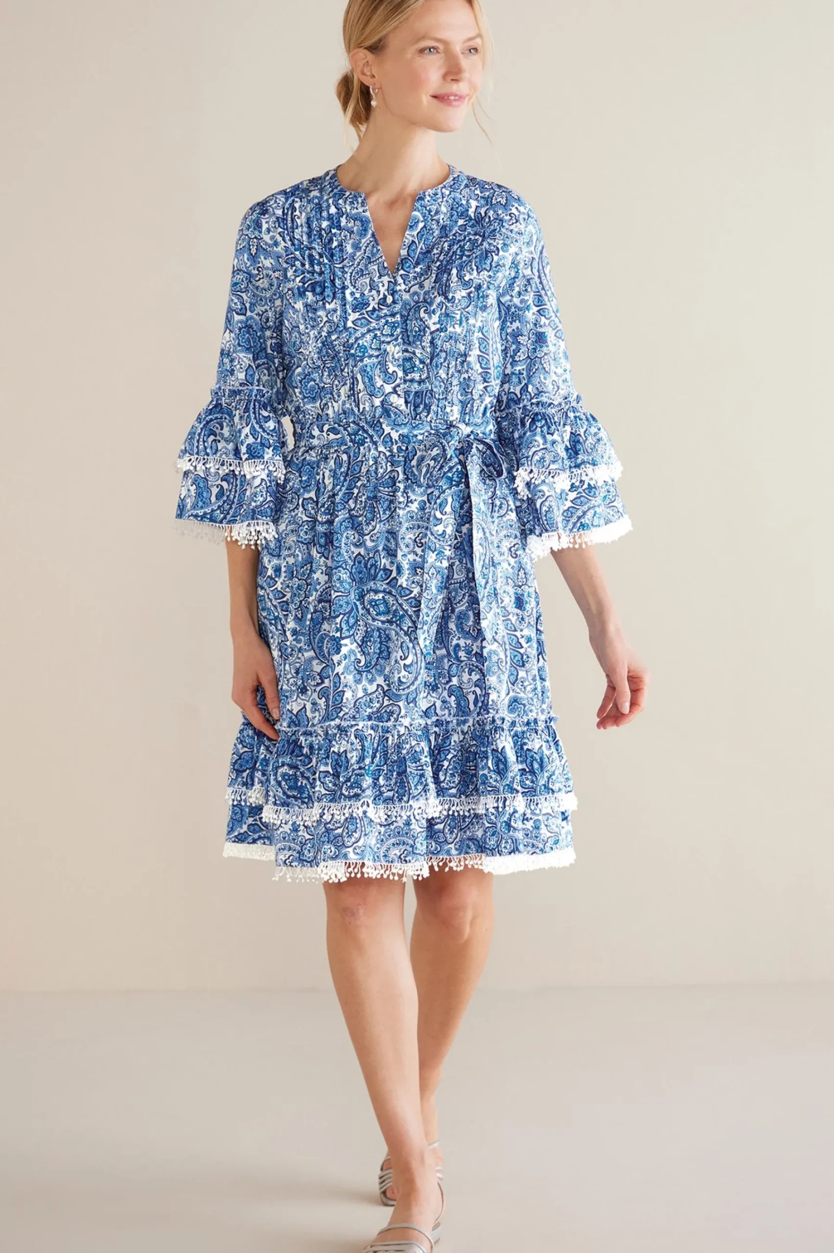 petites_adeline_short_dre_0.webp Into The Blues | Dresses-Soft Surroundings Petites Adeline Short Dress Spring Paisley Chambray