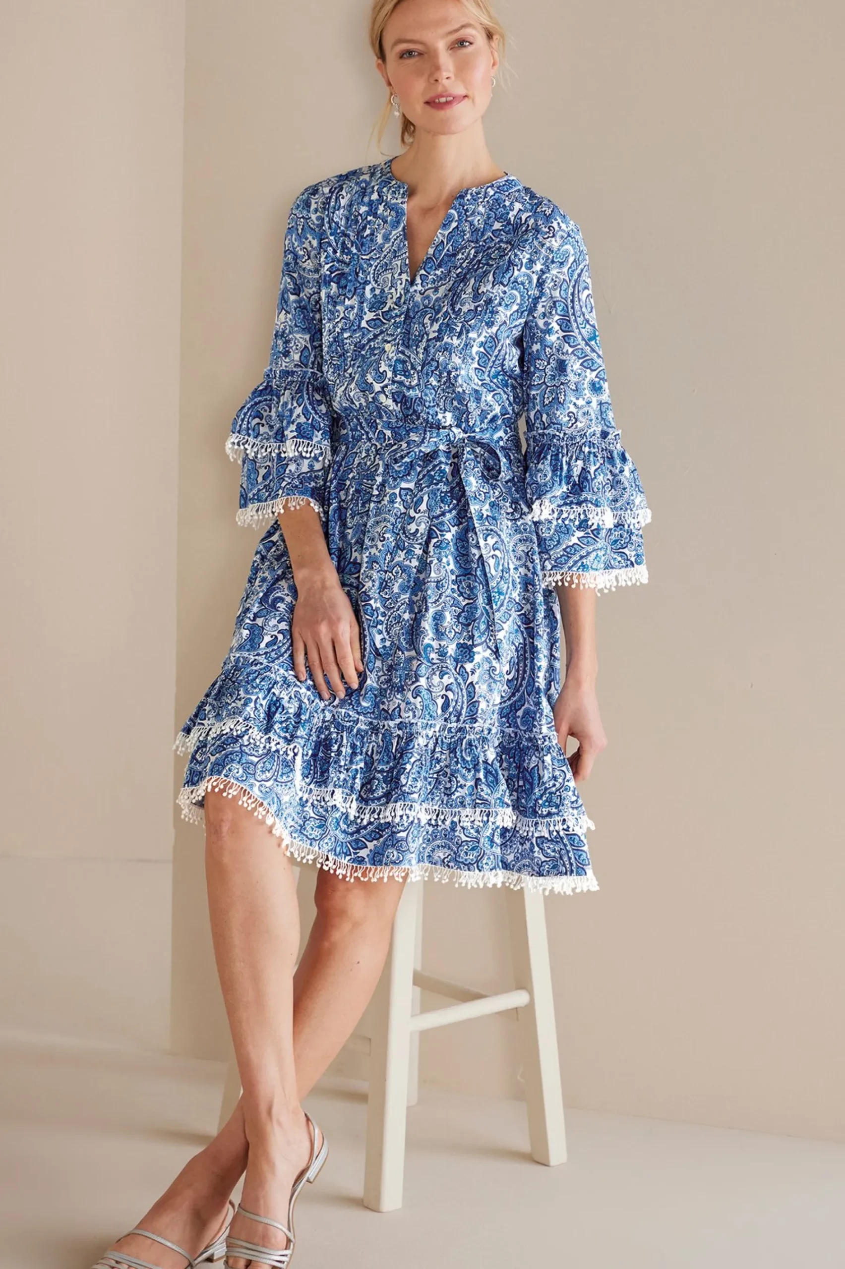 petites_adeline_short_dre_1.webp Into The Blues | Dresses-Soft Surroundings Petites Adeline Short Dress Spring Paisley Chambray