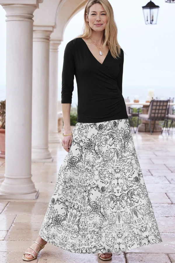 Skirts-Soft Surroundings Petites Amaranth Skirt Black White Floral