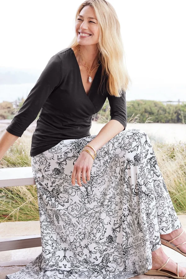 Skirts-Soft Surroundings Petites Amaranth Skirt Black White Floral