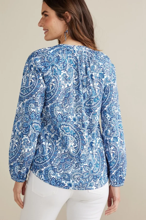 Into The Blues-Soft Surroundings Petites Celia Top Spring Paisley Chambray