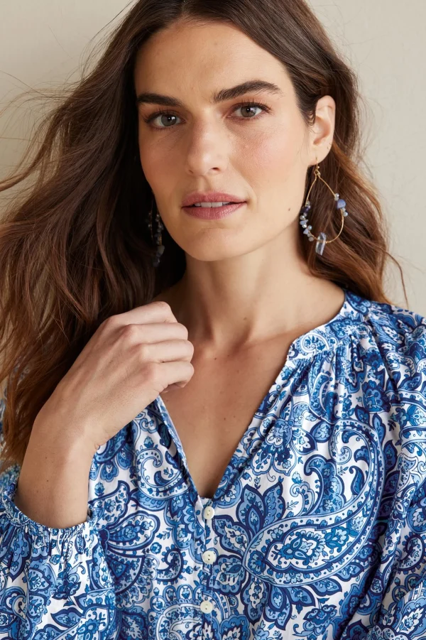 Into The Blues-Soft Surroundings Petites Celia Top Spring Paisley Chambray